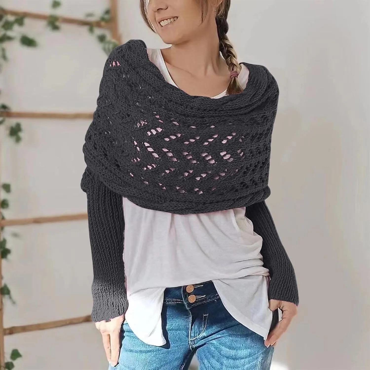 Knitted Scarf with Sleeves for Women Casual Shawls and Wraps Fall Winter Shawl Wraps Boat Neck Pullover Sweaters