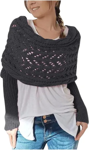 Knitted Scarf with Sleeves for Women Casual Shawls and Wraps Fall Winter Shawl Wraps Boat Neck Pullover Sweaters
