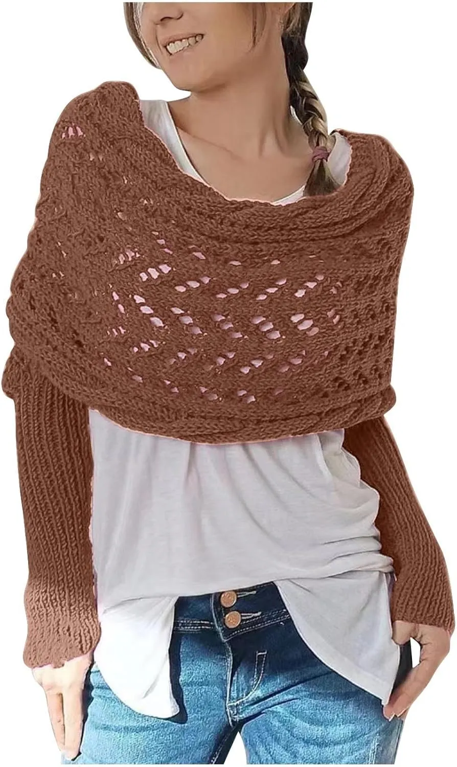 Knitted Scarf with Sleeves for Women Casual Shawls and Wraps Fall Winter Shawl Wraps Boat Neck Pullover Sweaters