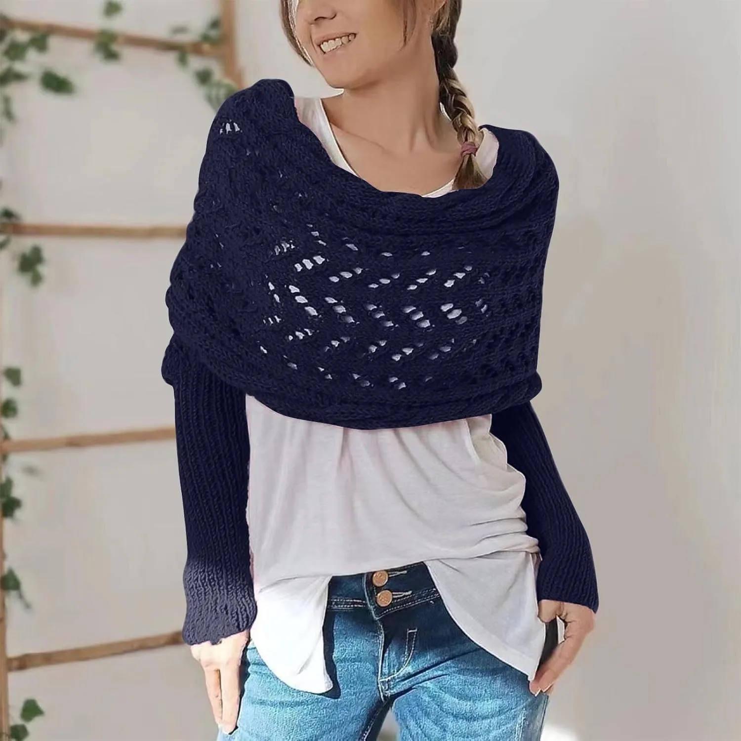 Knitted Scarf with Sleeves for Women Casual Shawls and Wraps Fall Winter Shawl Wraps Boat Neck Pullover Sweaters