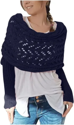 Knitted Scarf with Sleeves for Women Casual Shawls and Wraps Fall Winter Shawl Wraps Boat Neck Pullover Sweaters