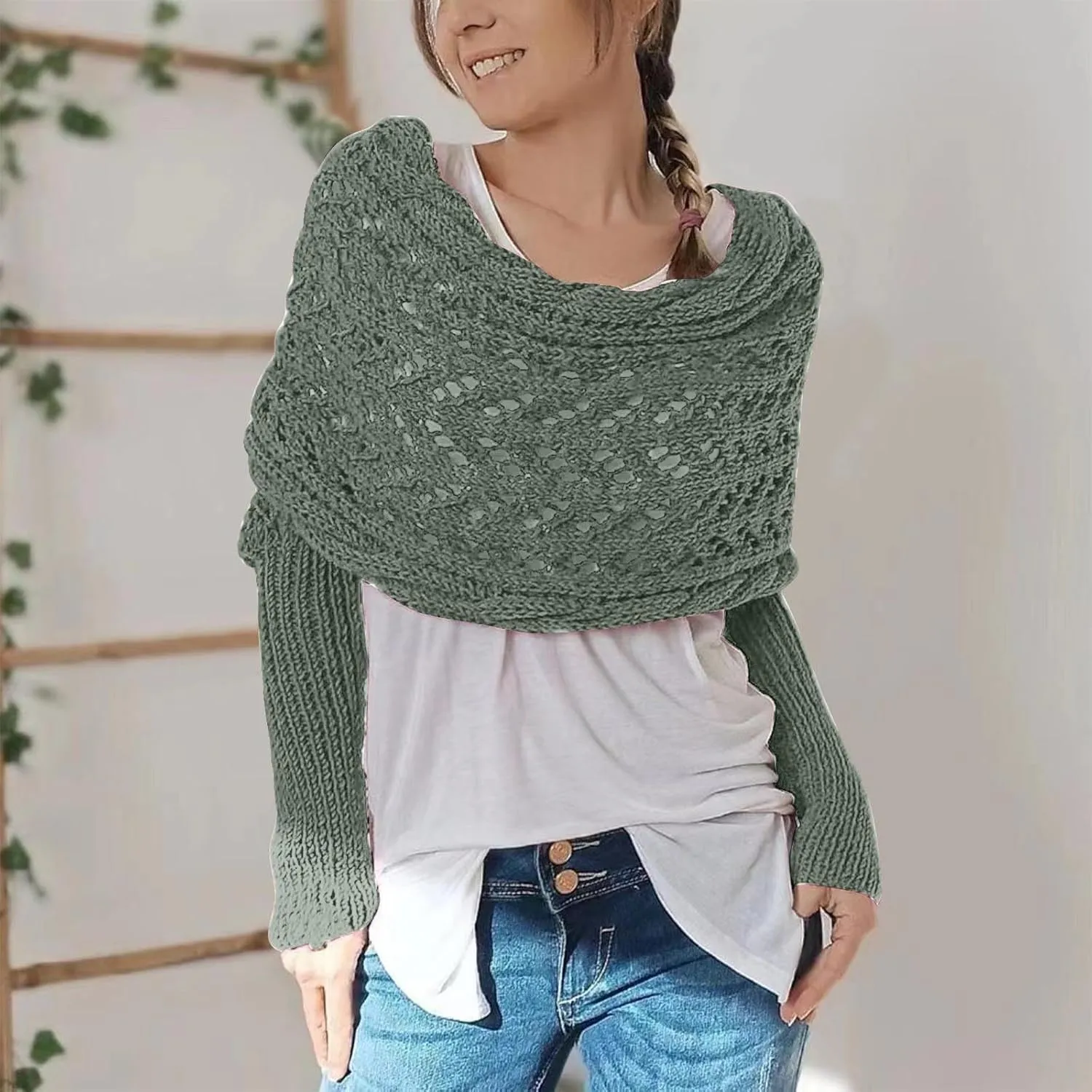 Knitted Scarf with Sleeves for Women Casual Shawls and Wraps Fall Winter Shawl Wraps Boat Neck Pullover Sweaters
