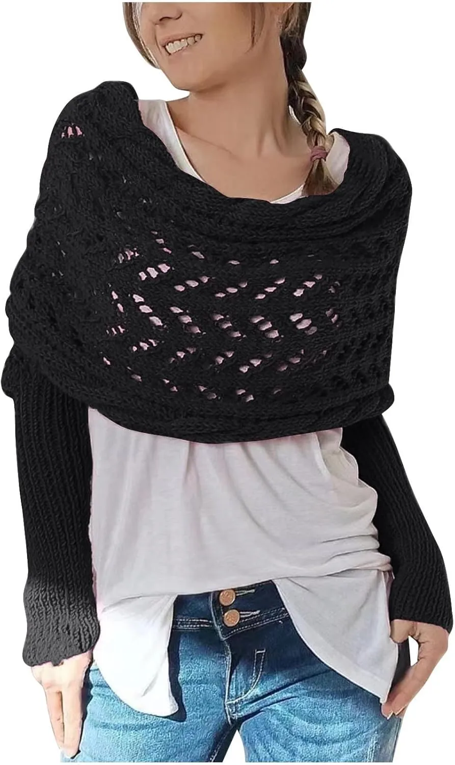 Knitted Scarf with Sleeves for Women Casual Shawls and Wraps Fall Winter Shawl Wraps Boat Neck Pullover Sweaters