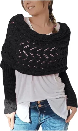 Knitted Scarf with Sleeves for Women Casual Shawls and Wraps Fall Winter Shawl Wraps Boat Neck Pullover Sweaters