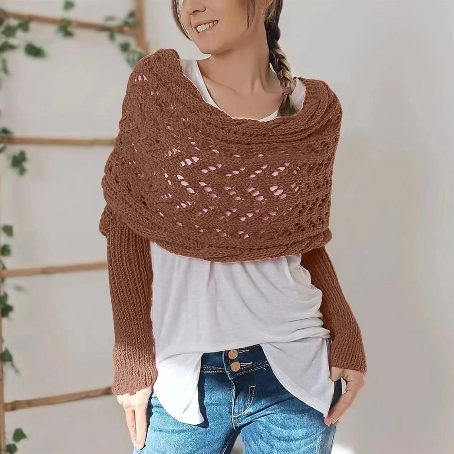 Knitted Scarf with Sleeves for Women Casual Shawls and Wraps Fall Winter Shawl Wraps Boat Neck Pullover Sweaters