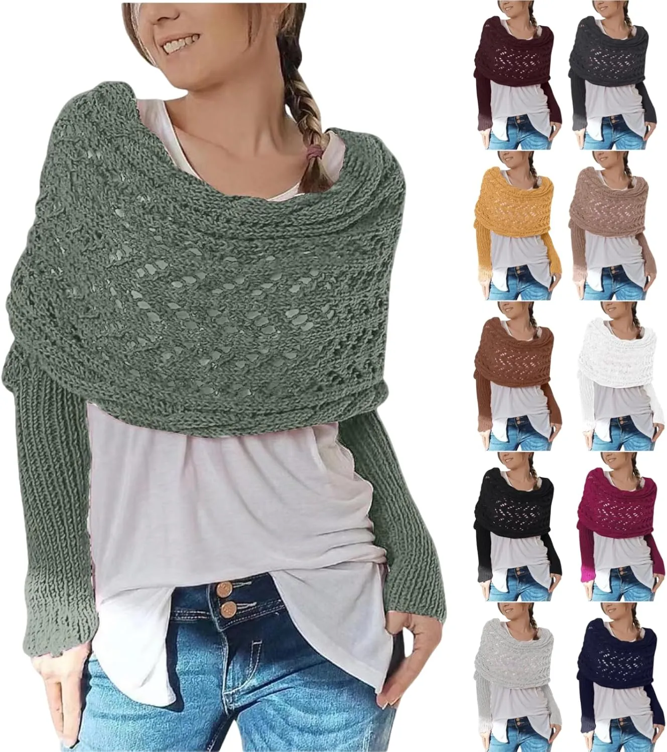 Knitted Scarf with Sleeves for Women Casual Shawls and Wraps Fall Winter Shawl Wraps Boat Neck Pullover Sweaters