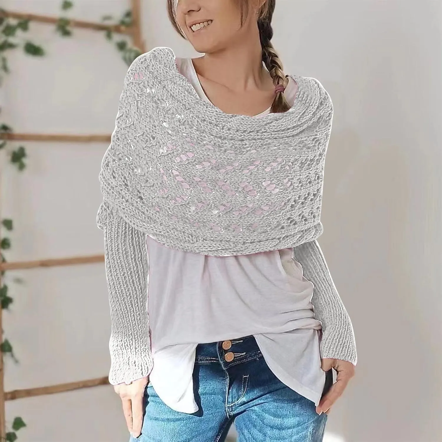 Knitted Scarf with Sleeves for Women Casual Shawls and Wraps Fall Winter Shawl Wraps Boat Neck Pullover Sweaters
