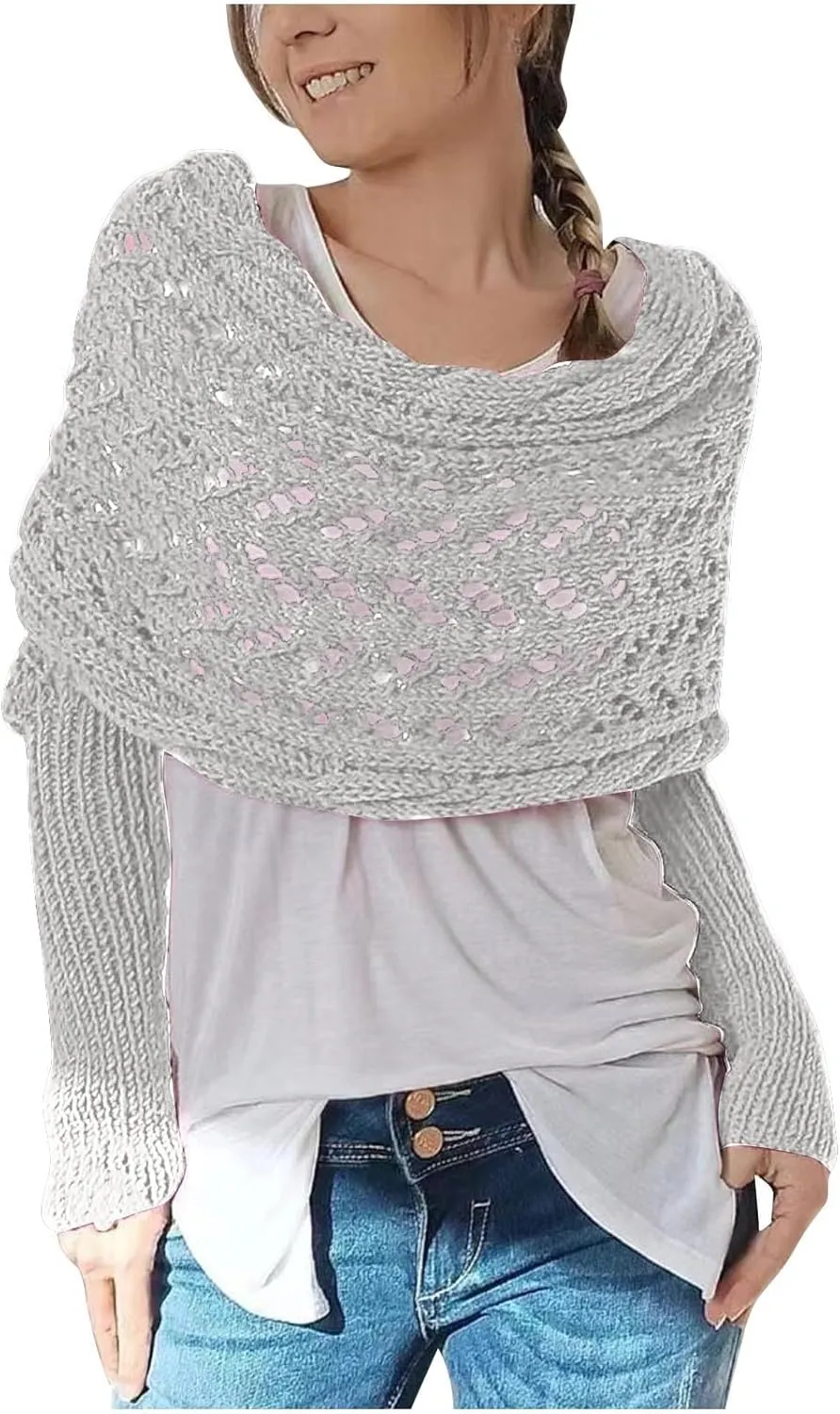 Knitted Scarf with Sleeves for Women Casual Shawls and Wraps Fall Winter Shawl Wraps Boat Neck Pullover Sweaters