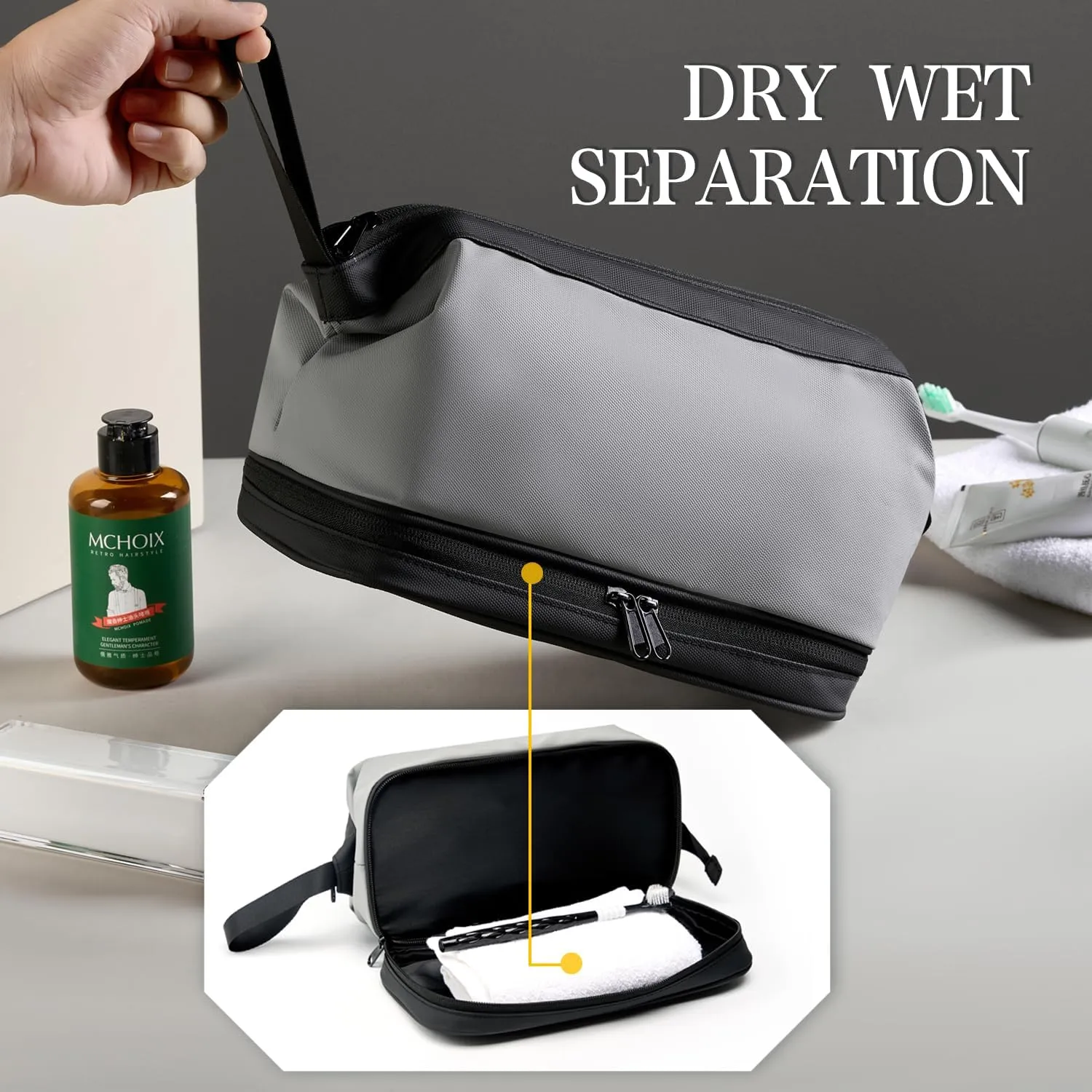 Large Travel Toiletry Bag for men women,Makeup Organizer Bag, Dopp Kit,Waterproof Hanging Cosmetic Bag for Toiletries Accessories (Grey)