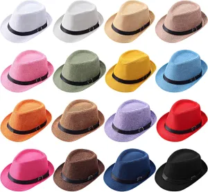 Liitrsh 16 Pack Short Brim for Men Women Classic Trilby Panama Hat Bulk Summer Dress Sun Hats with Belt for Wedding Party Accessories, 16 Colors