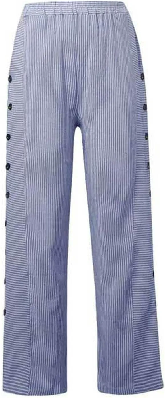 Linen Pants for Women Casual Elastic Waist Straight Leg Trousers Trendy Striped Side Button Baggy Pants with Pockets