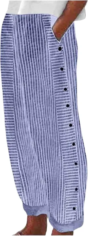 Linen Pants for Women Casual Elastic Waist Straight Leg Trousers Trendy Striped Side Button Baggy Pants with Pockets