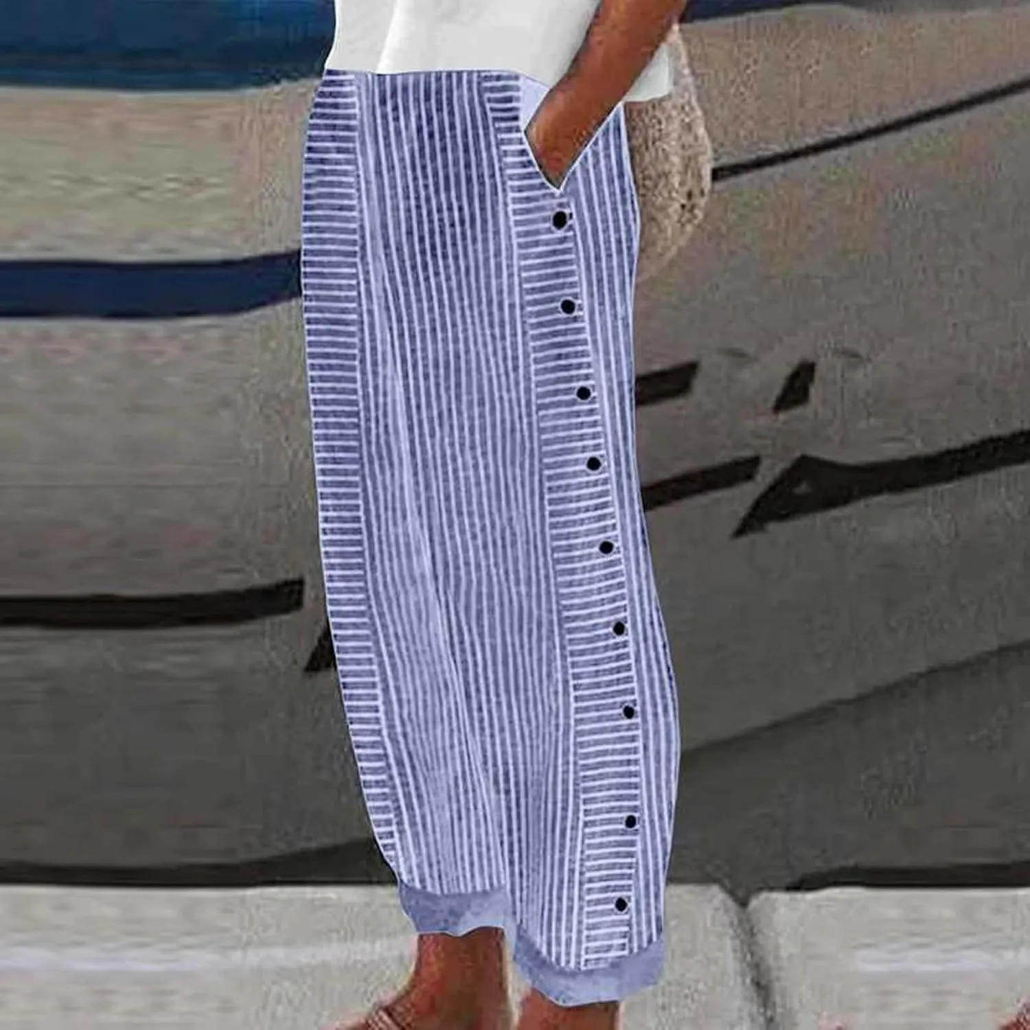 Linen Pants for Women Casual Elastic Waist Straight Leg Trousers Trendy Striped Side Button Baggy Pants with Pockets