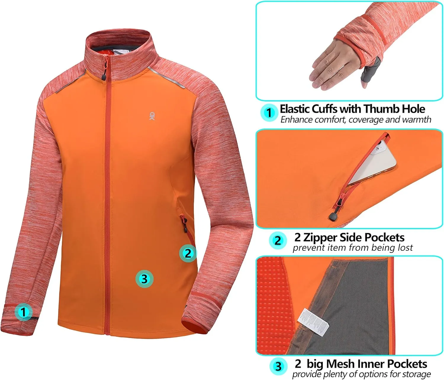 Little Donkey Andy Men's Quick Dry Warm Lightweight Running Jacket Full Zip Thermal Hybrid Thumbholes Golf Track Jacket