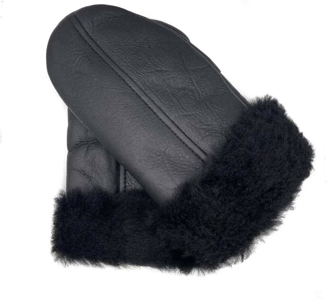Lukkizara Men's and Women's Premium Shearling Sheepskin Leather Fur Mittens Black