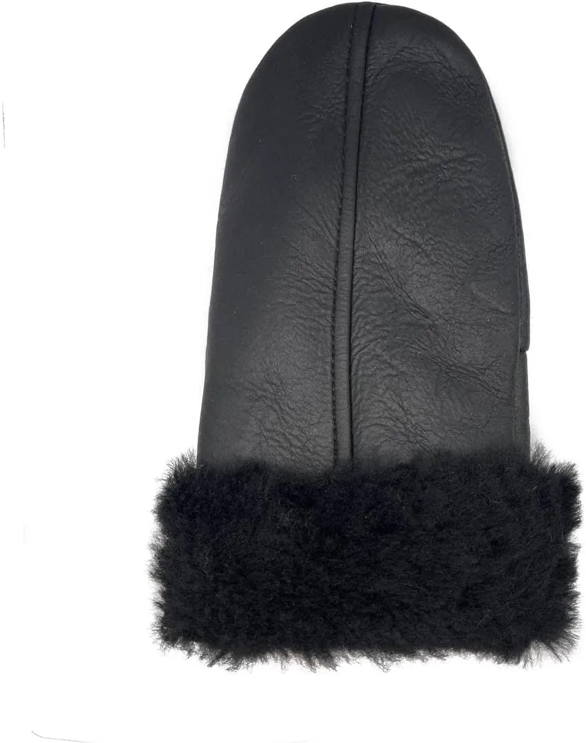 Lukkizara Men's and Women's Premium Shearling Sheepskin Leather Fur Mittens Black