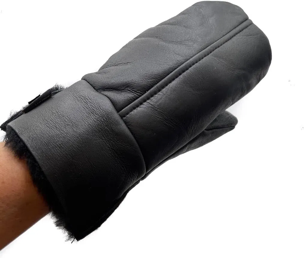 Lukkizara Men's and Women's Premium Shearling Sheepskin Leather Fur Mittens Black