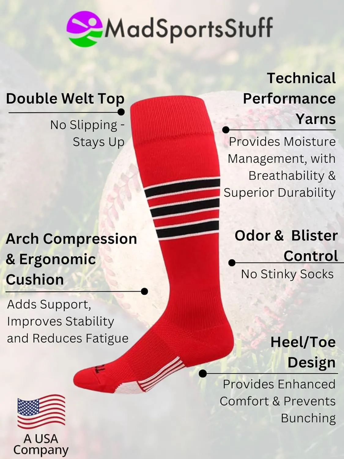 MadSportsStuff Dugout Striped Baseball Socks Softball Youth and Adult for Boys Girls Men Women Over the Calf Length