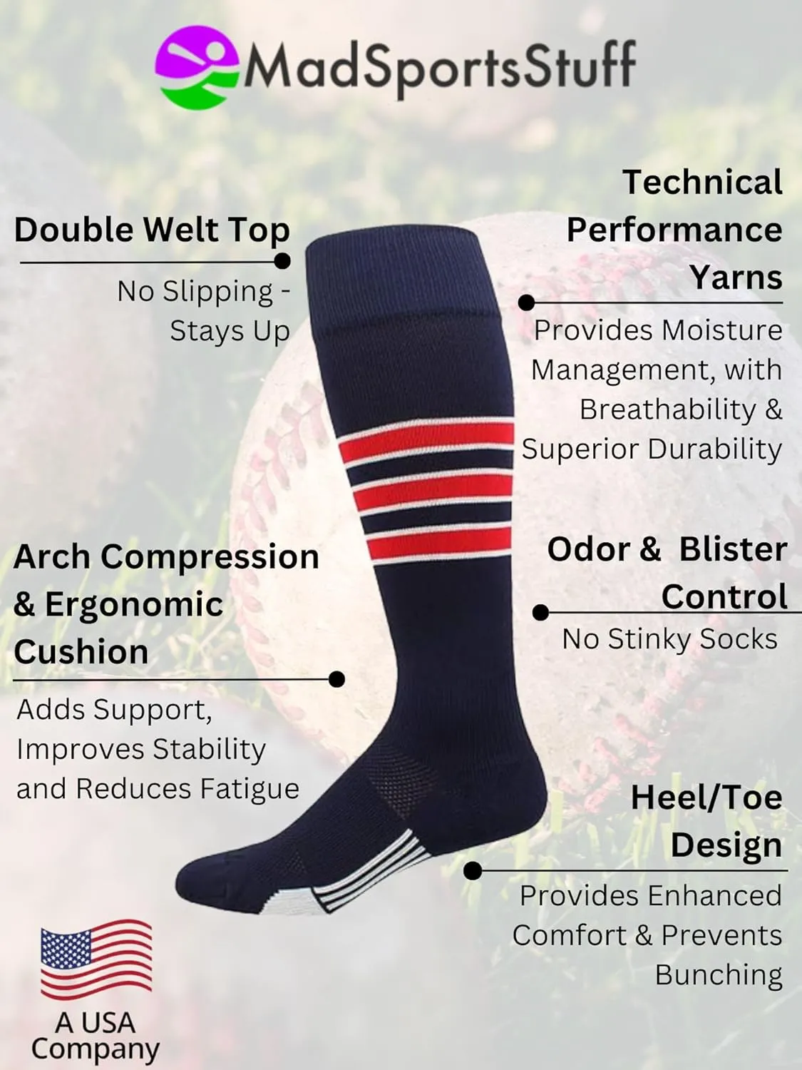 MadSportsStuff Dugout Striped Baseball Socks Softball Youth and Adult for Boys Girls Men Women Over the Calf Length