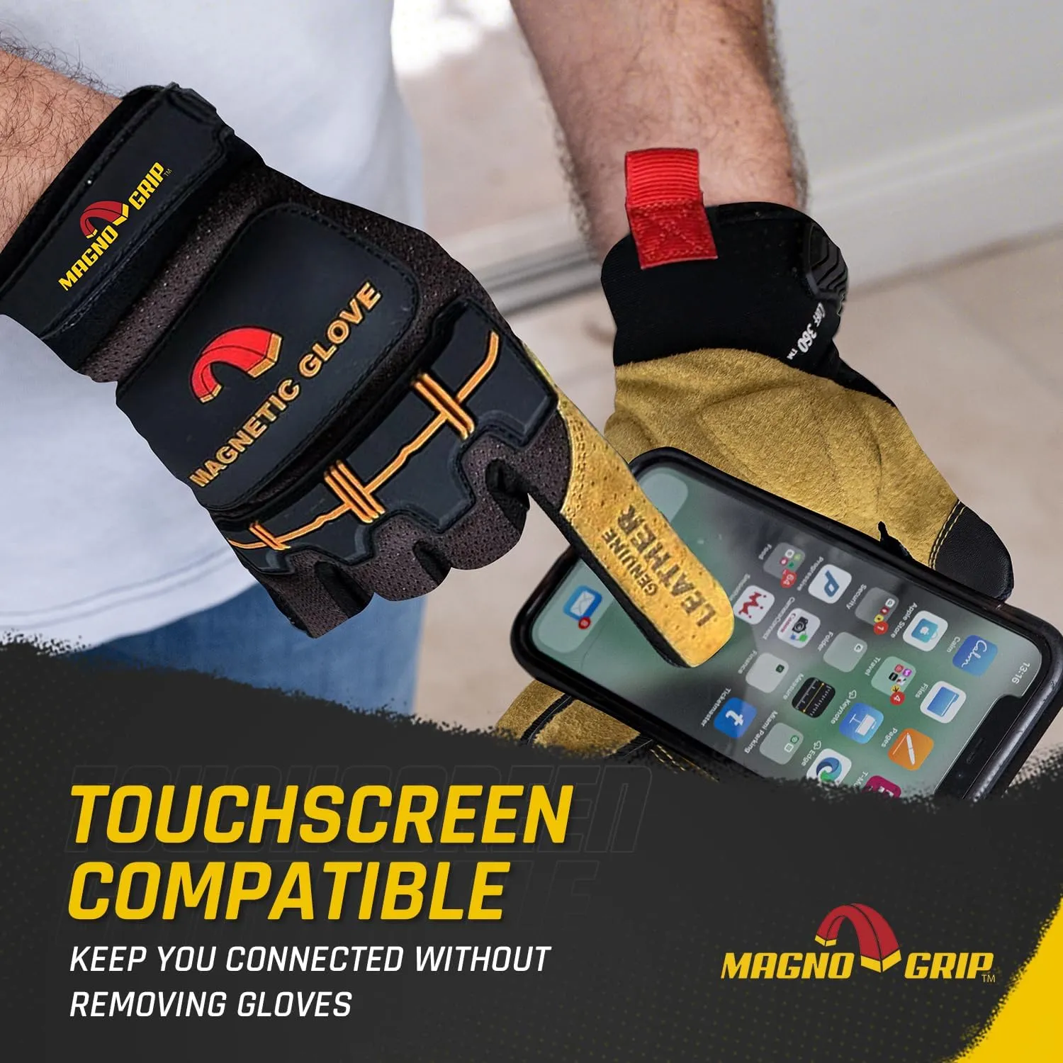 MagnoGrip Heavy Duty Leather Work Gloves – Magnetic Storage for Screws & Nails, Touchscreen Compatible, Impact Protection, Padded Palm, Safety Gloves for Construction, DIY & Industrial Use (X-Large).