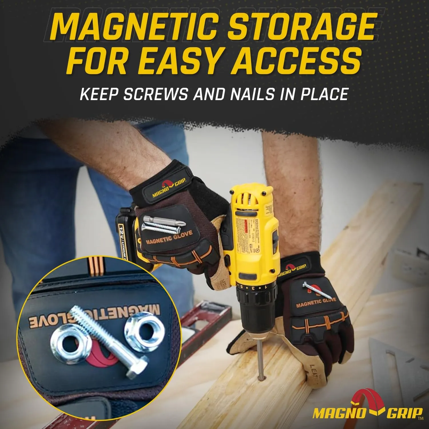 MagnoGrip Heavy Duty Leather Work Gloves – Magnetic Storage for Screws & Nails, Touchscreen Compatible, Impact Protection, Padded Palm, Safety Gloves for Construction, DIY & Industrial Use (X-Large).