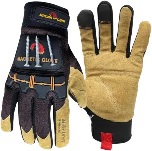 MagnoGrip Heavy Duty Leather Work Gloves – Magnetic Storage for Screws & Nails, Touchscreen Compatible, Impact Protection, Padded Palm, Safety Gloves for Construction, DIY & Industrial Use (X-Large).