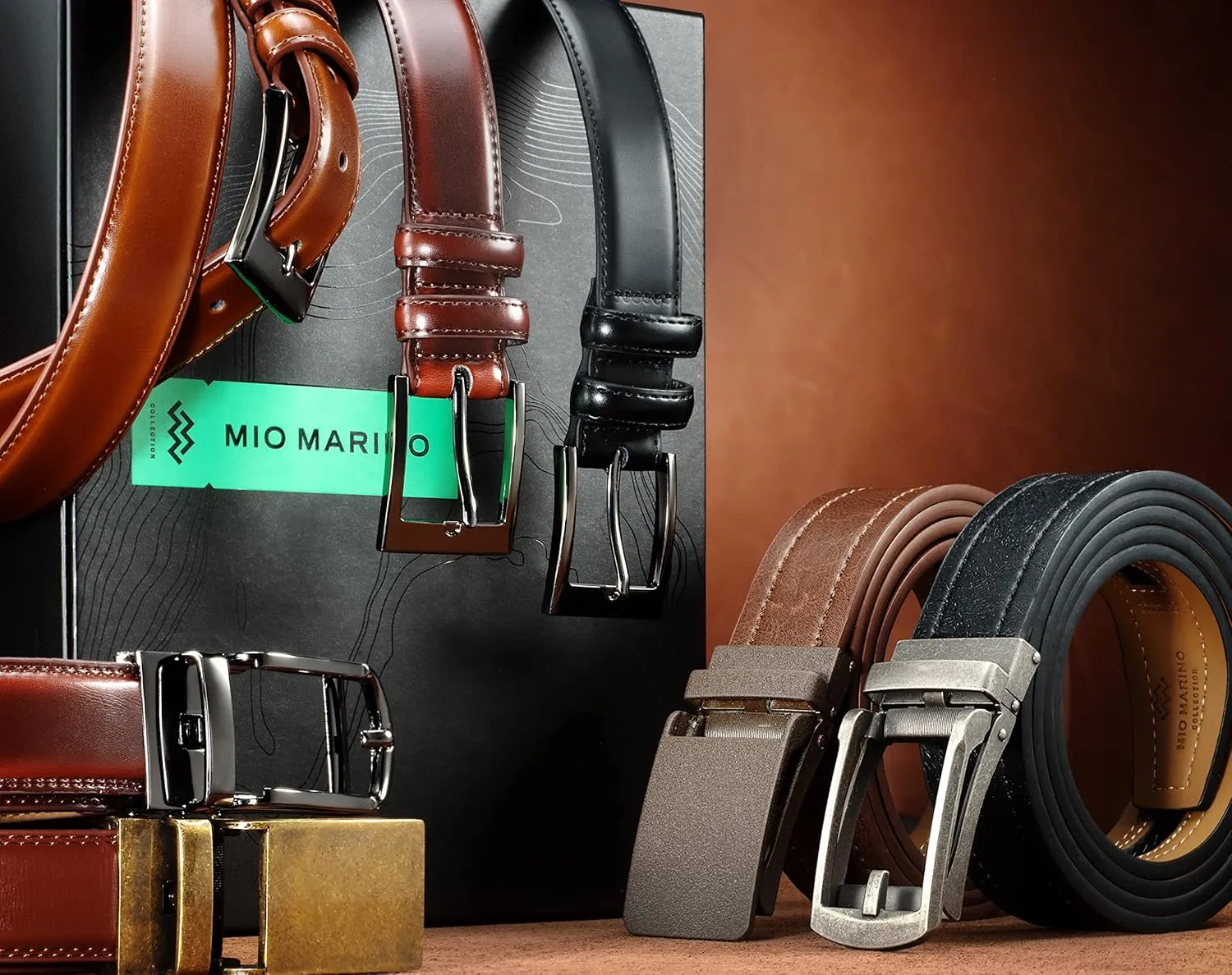 Marino Mens Genuine Leather Ratchet Dress Belt With Automatic Buckle, Enclosed in an Elegant Gift Box
