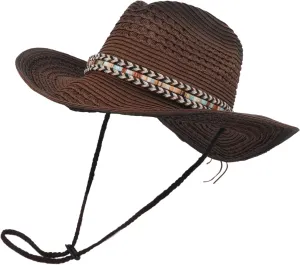 Men Cowboy Hat Ethnic Vintage Wide Brim Sun Protection Breathable Straw Hat with Adjustable Chin Strap Summer Beach Travel Camping Costume Accessories Coffee