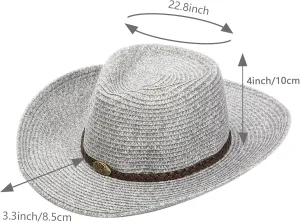 Men Cowboy Hat Wide Brim Sun Protection Knitted Straw Hat with Adjustable Chin Strap Summer Beach Costume Accessories