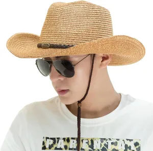 Men Cowboy Hat Wide Brim Sun Protection Knitted Straw Hat with Adjustable Chin Strap Summer Beach Costume Accessories