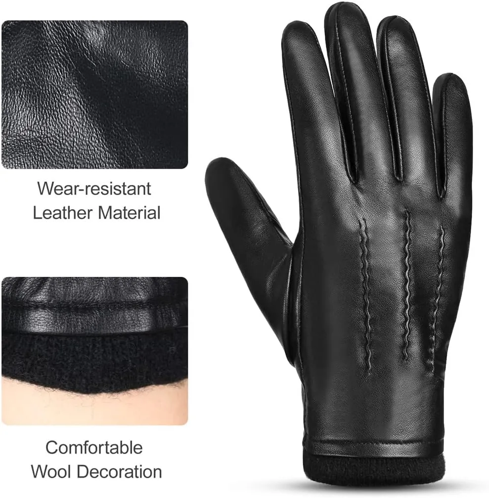 Men Sheepskin Leather Gloves Outdoor Sport Warm Wool Lined Vintage Daily Dress Driving Gloves