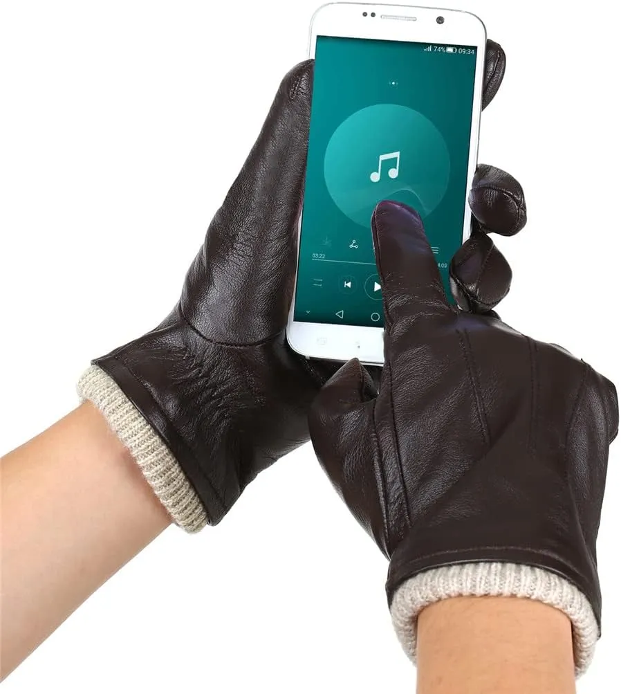 Men Sheepskin Leather Gloves Outdoor Sport Warm Wool Lined Vintage Daily Dress Driving Gloves