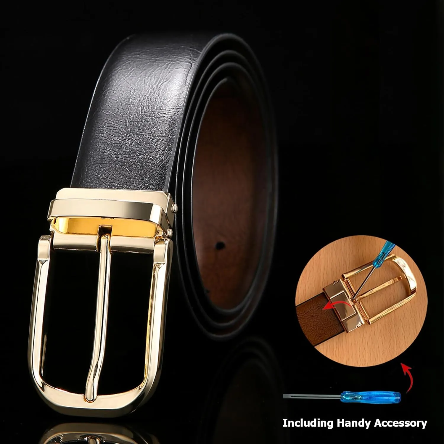 Mens Belts Leather Reversible 1.25" Black Dress Belt for Men