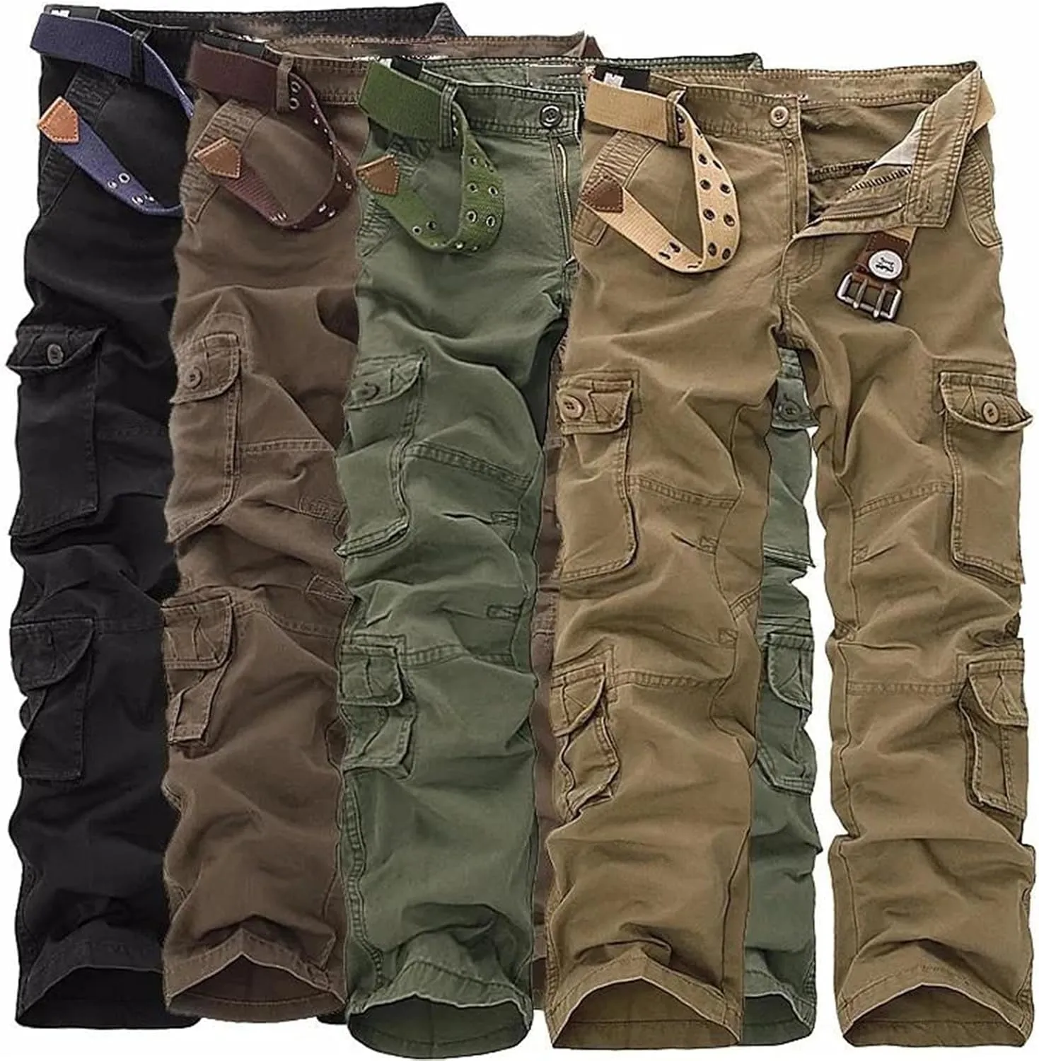 Mens Cargo Pants Multi-Pockets Baggy Men Cotton Pants Casual Overalls Trousers No Belts Plus Size