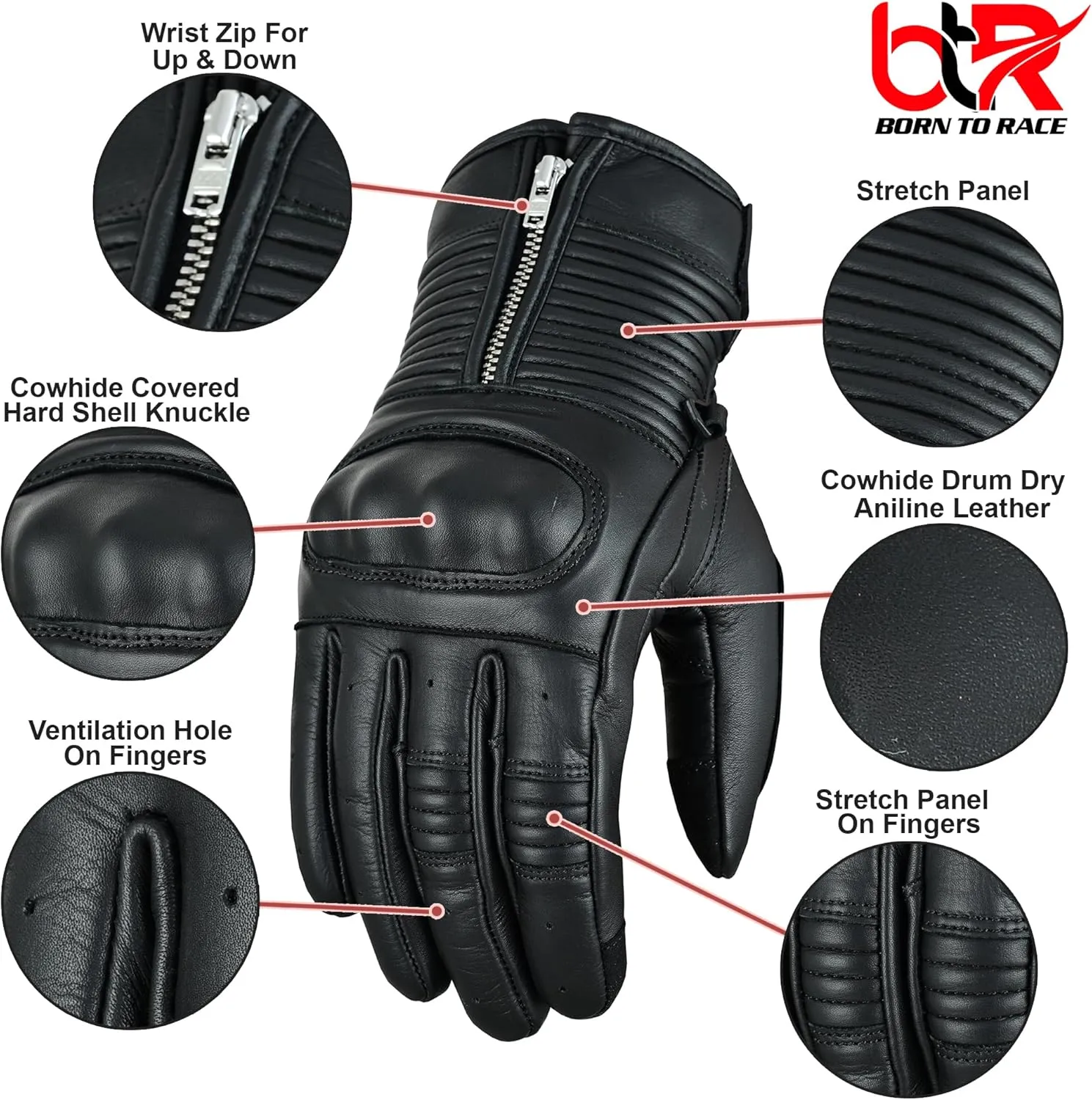 Men's Premium Leather Motorcycle Gloves - Cowhide Aniline, Touch Screen, Full Finger, Knuckle Protection, Zipper & Adjustable Strap