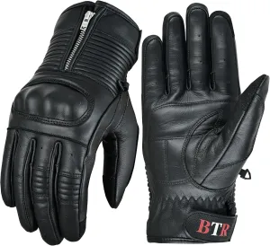 Men's Premium Leather Motorcycle Gloves - Cowhide Aniline, Touch Screen, Full Finger, Knuckle Protection, Zipper & Adjustable Strap