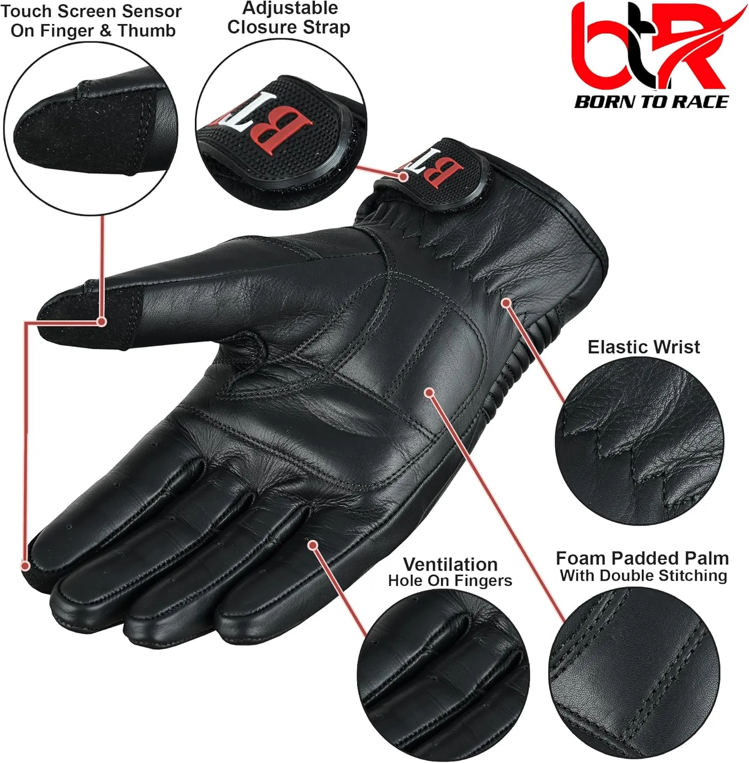 Men's Premium Leather Motorcycle Gloves - Cowhide Aniline, Touch Screen, Full Finger, Knuckle Protection, Zipper & Adjustable Strap