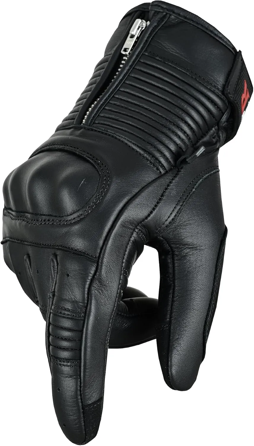 Men's Premium Leather Motorcycle Gloves - Cowhide Aniline, Touch Screen, Full Finger, Knuckle Protection, Zipper & Adjustable Strap