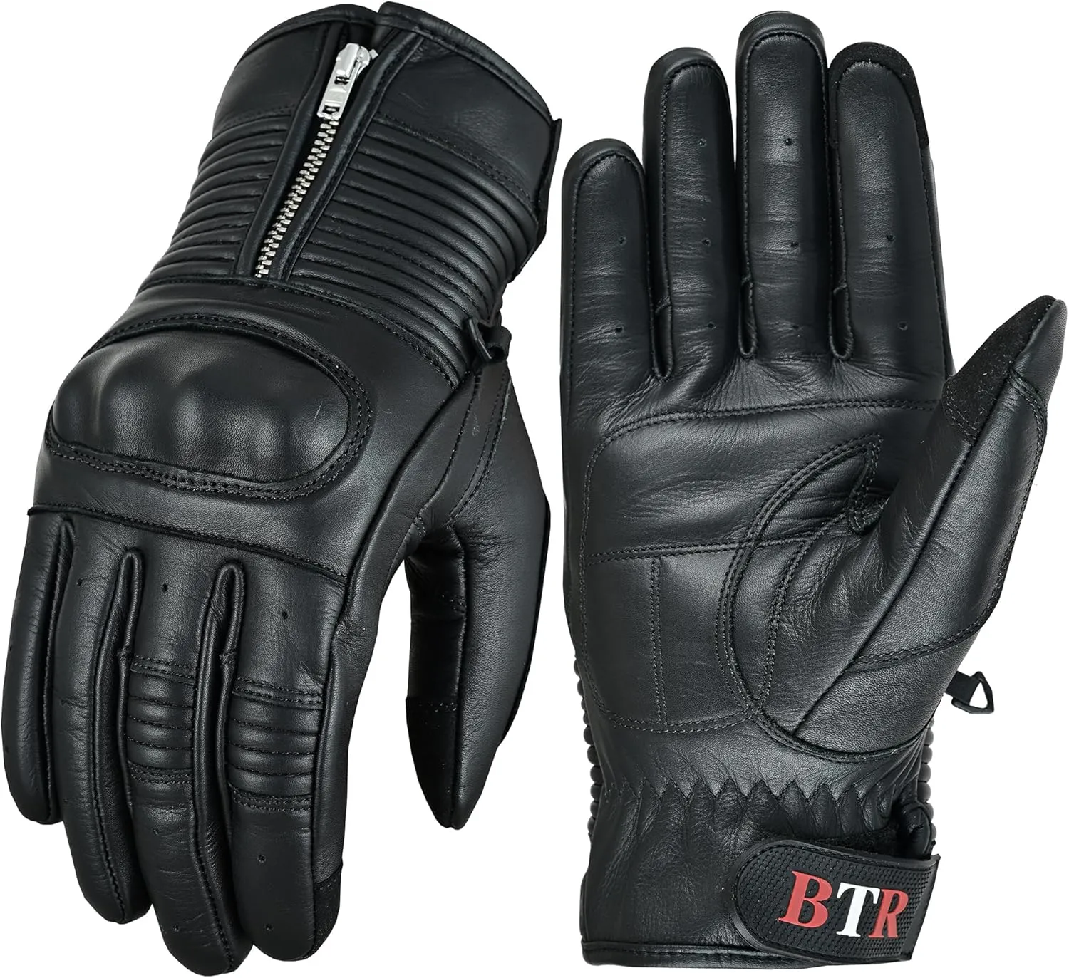 Men's Premium Leather Motorcycle Gloves - Cowhide Aniline, Touch Screen, Full Finger, Knuckle Protection, Zipper & Adjustable Strap