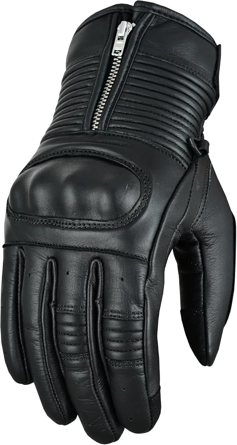 Men's Premium Leather Motorcycle Gloves - Cowhide Aniline, Touch Screen, Full Finger, Knuckle Protection, Zipper & Adjustable Strap