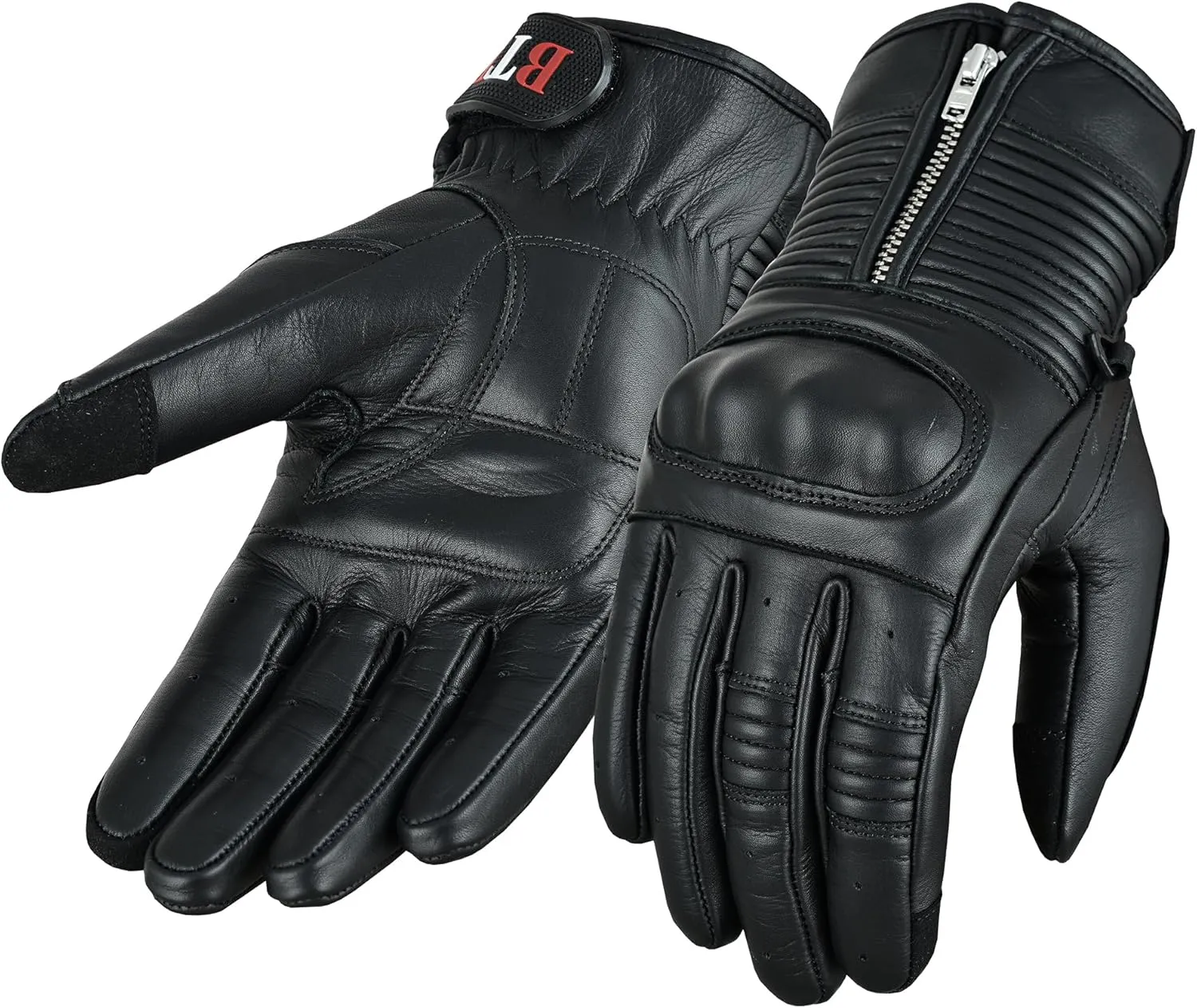 Men's Premium Leather Motorcycle Gloves - Cowhide Aniline, Touch Screen, Full Finger, Knuckle Protection, Zipper & Adjustable Strap