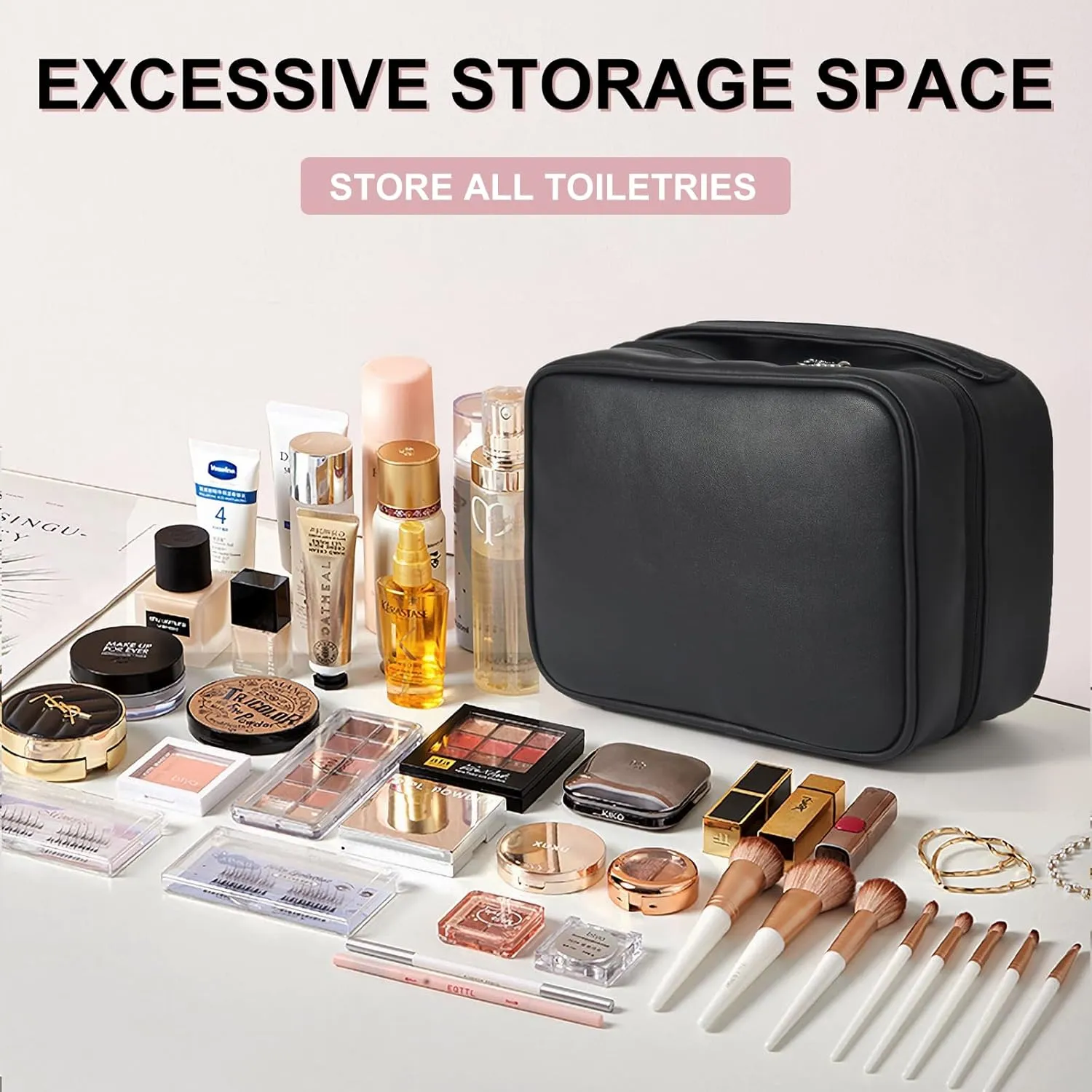Multicompartment Toiletry Cosmetics Bag,Set Patient Travel Makeup Bag, Toiletry Bag For Women,Organizer For Accessories, PU Large makeup bag with compartments(black)
