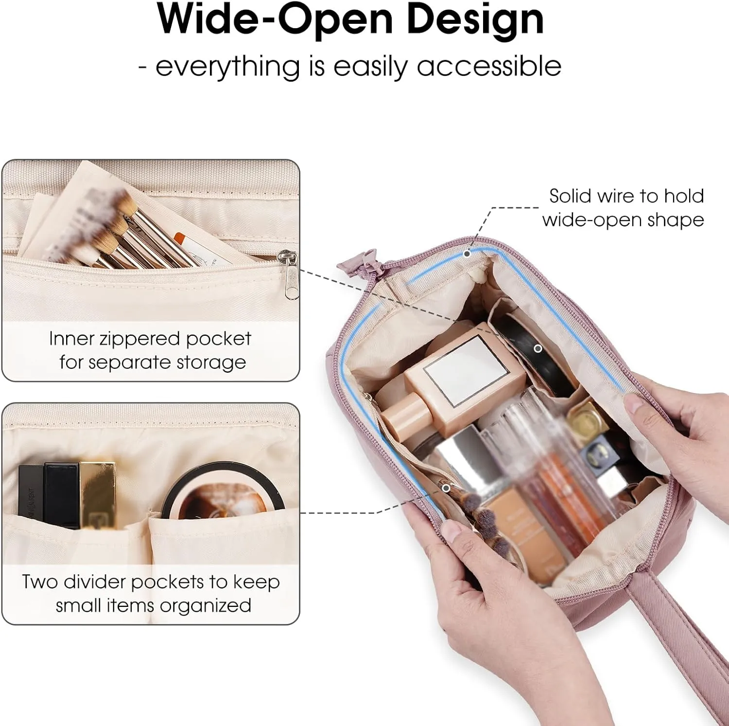 Narwey Large Makeup Bag Women Wide-open Make up Bag Travel Cosmetic Bag Organizer Toiletry Bag for Cosmetics Toiletries Accessories (Dusty Rose)