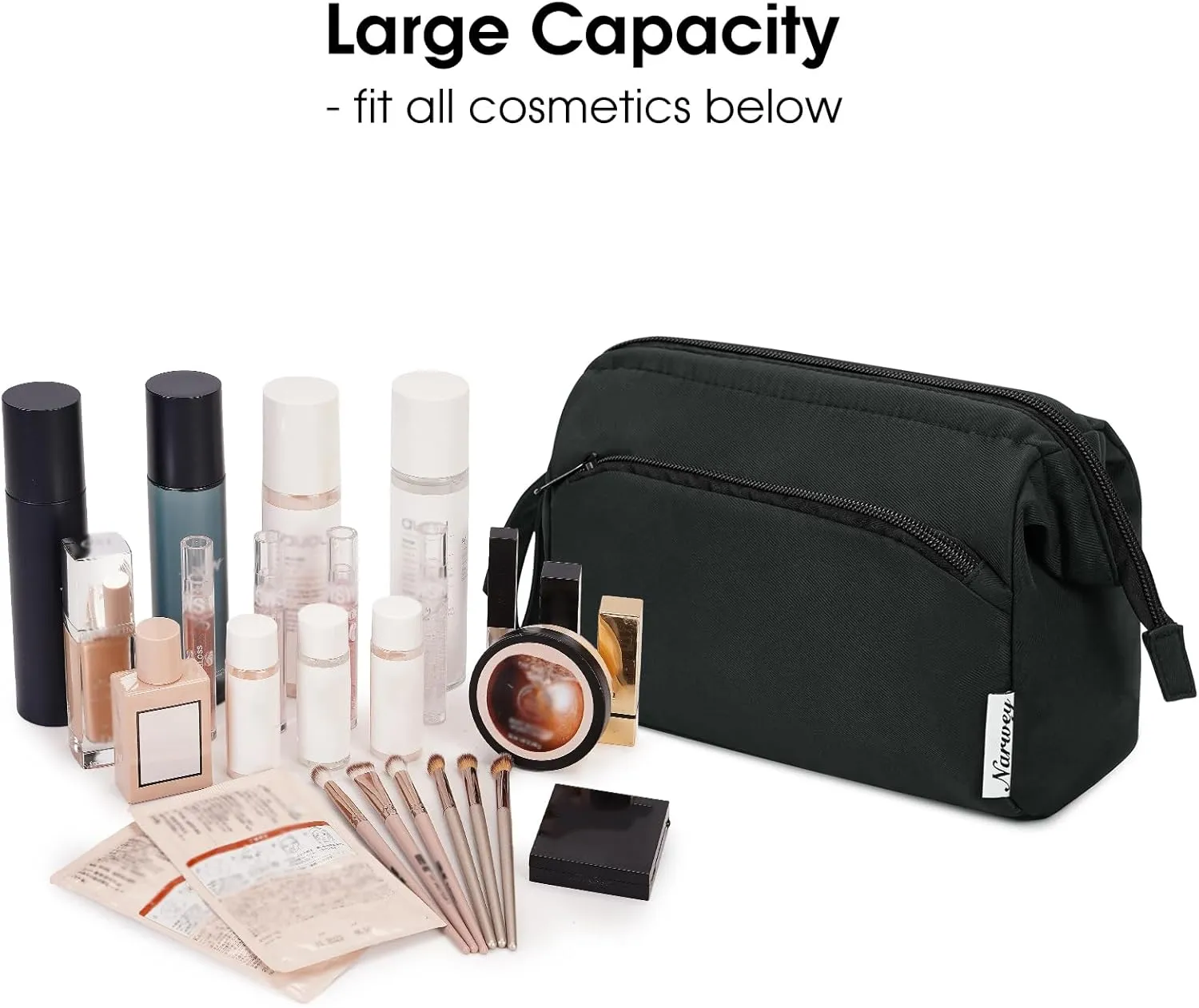 Narwey Makeup Bag Women Wide-open Make up Bag Travel Cosmetic Bag Organizer Toiletry Bag for Cosmetics Toiletries Accessories (Black)
