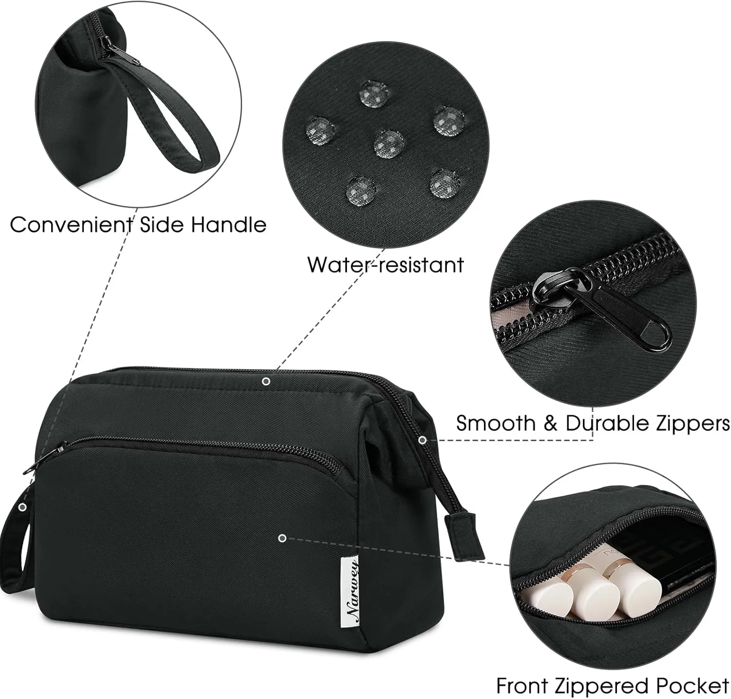 Narwey Makeup Bag Women Wide-open Make up Bag Travel Cosmetic Bag Organizer Toiletry Bag for Cosmetics Toiletries Accessories (Black)