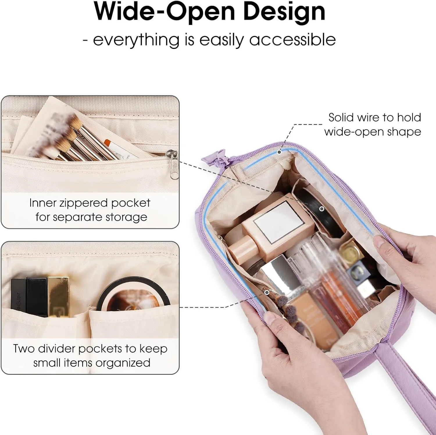 Narwey Makeup Bag Women Wide-open Make up Bag Travel Cosmetic Bag Organizer Toiletry Bag for Cosmetics Toiletries Accessories (Purple)