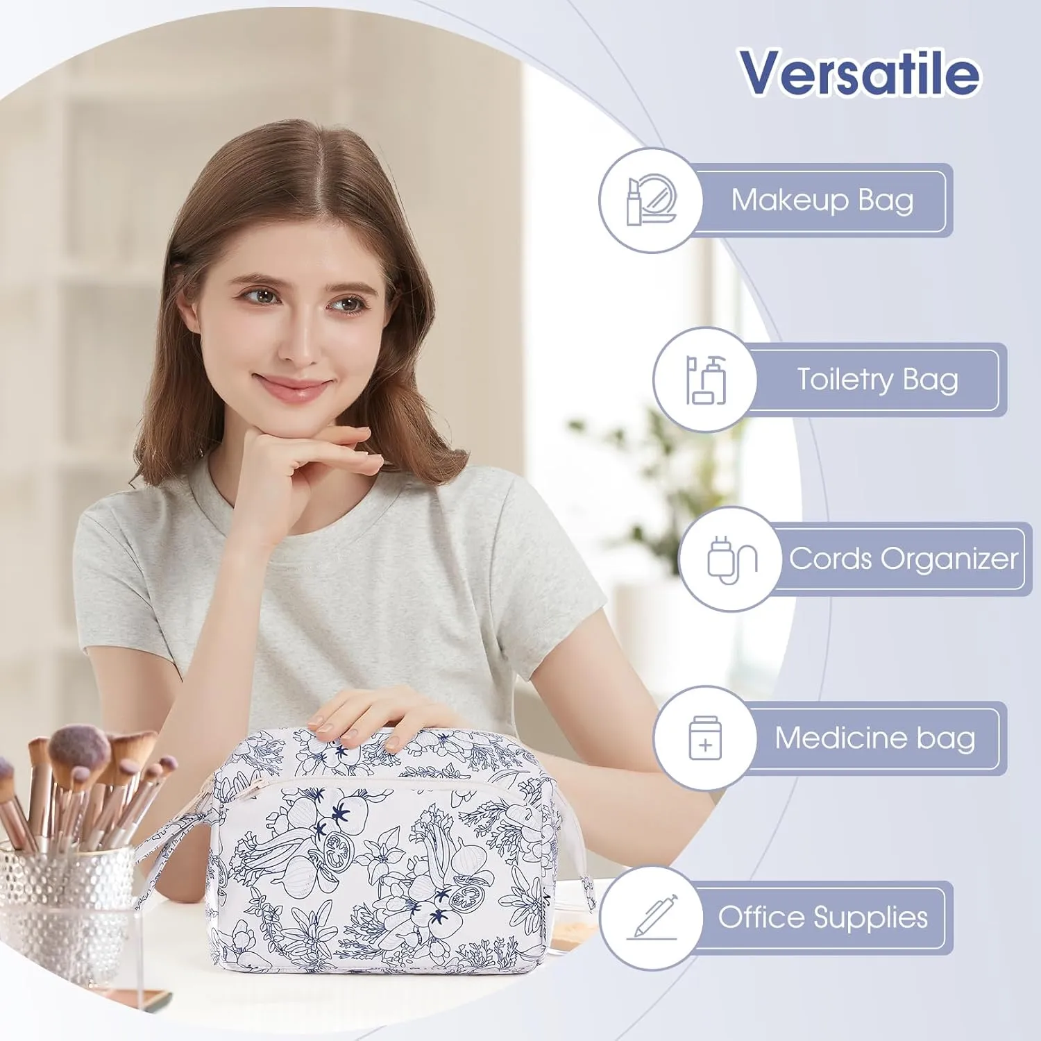 Narwey Women Makeup Bag Wide-open Make up Bag Travel Cosmetic Organizer Toiletry Bag for Cosmetics Toiletries Accessories (Navy Blue Flower)