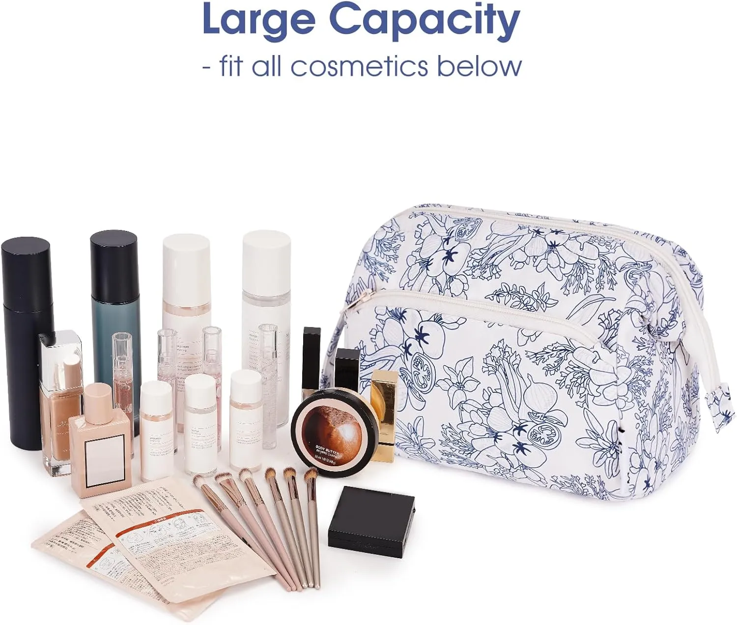 Narwey Women Makeup Bag Wide-open Make up Bag Travel Cosmetic Organizer Toiletry Bag for Cosmetics Toiletries Accessories (Navy Blue Flower)