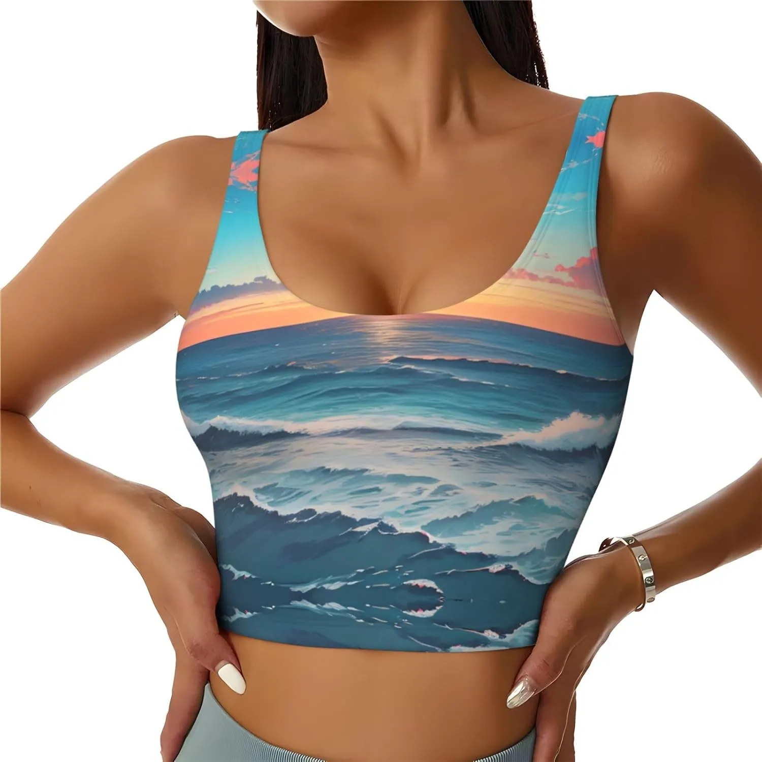 Ocean Pictures Women's Sexy Sports Vest Sleeveless Athletic Gym T-Shirts Vest U-Shaped Back Quick Dry Top