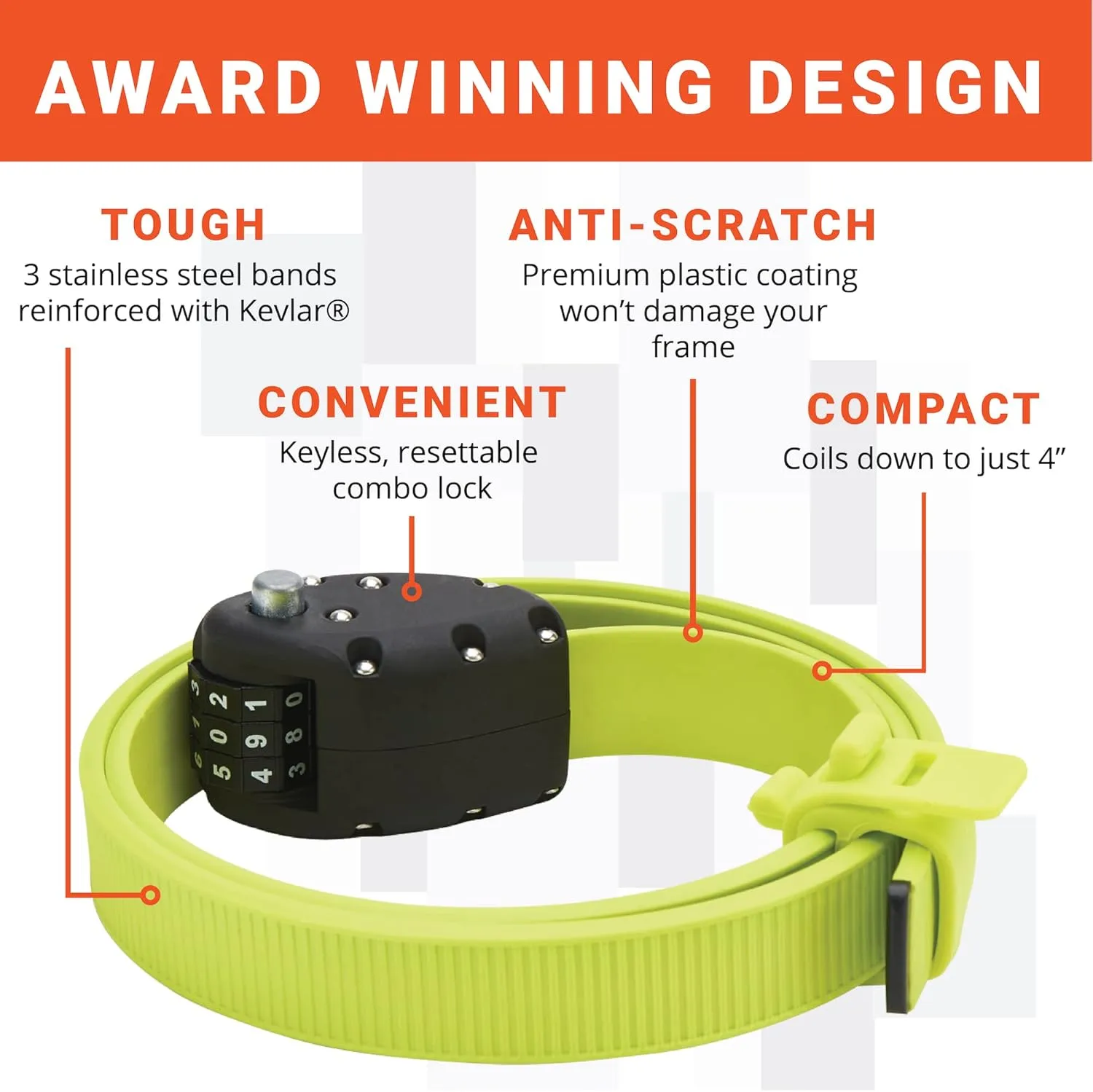 OTTOLOCK Cinch Lock - Lightweight Anti Theft Compact Combination Bike Lock, Ideal for Quick Stops, Bicycle Accessories, Flash Green, 60 Inch
